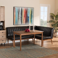 Baxton Studio BBT8051.12-Dark BrownWalnut-3PC Dining Nook Set Baxton Studio Daymond Mid-Century Modern Dark Brown Faux Leather Upholstered and Walnut Brown Finished Wood 3-Piece Dining Nook Set